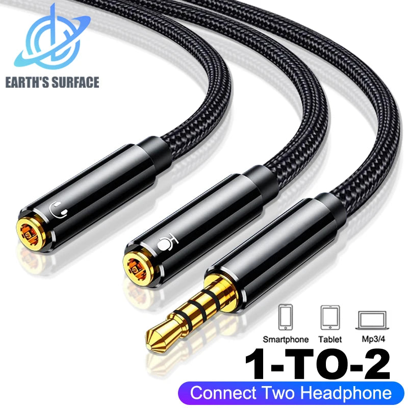 Headphone Splitter Cable AUX Audio Adapter Cord Jack 3.5Mm Male to 2 Female Earphone Y Extension Cables for Phone Laptop MP3 PS5