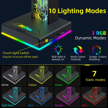 RGB Gaming Headphone Stand Dual USB Port 3.5Mm Audio Port 10 Lighting Effects Desktop Gaming Headset Holder Hanger for Gamer PC