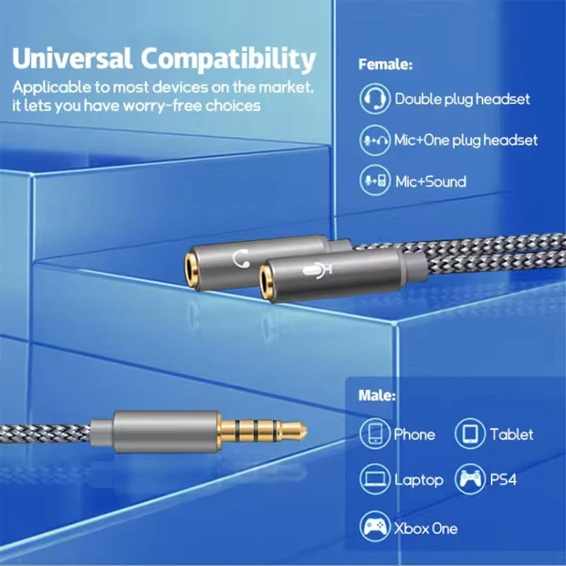 Headphone Splitter Cable AUX Audio Adapter Cord Jack 3.5Mm Male to 2 Female Earphone Y Extension Cables for Phone Laptop MP3 PS5